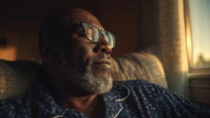 Elderly man with glasses is seated on a couch, looking out of a window as warm light fills the room, creating a serene atmosphere