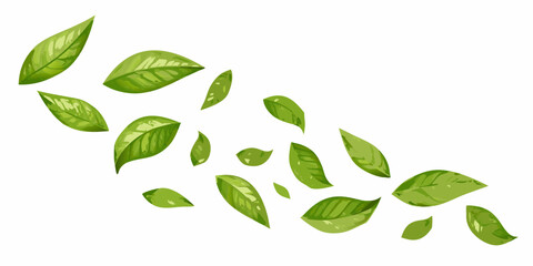 A scattering of vibrant green leaves floating gently across a white background © Titul