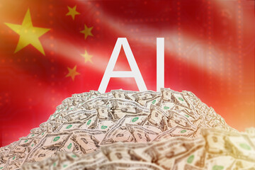 Fintech, AI economy. Artificial intelligence concept over Chinese flag and money pile, technology investment and digital market growth.