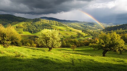 Naklejka premium Lush green hills are visible under a dramatic sky with dark clouds and a vibrant rainbow, highlighting the beauty of nature in a peaceful countryside scene