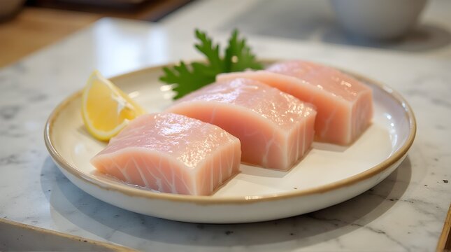 three large pieces of pale pink raw Albacore Tuna meat