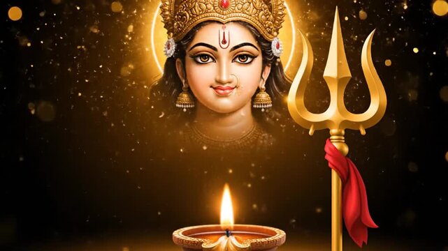 Divine Goddess Durga Face Golden Trident Diya Light Navaratri Background