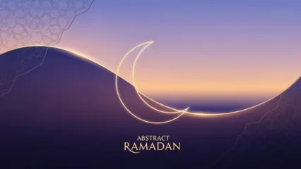 Fototapete Aubergine Glowing crescent moon illuminates abstract ramadan landscape golden light highlights gentle curves against a soft purple and orange gradient sky in this serene design  © muhammad rizwan