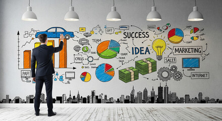 Businessman outlining comprehensive business strategy and marketing plan on a wall