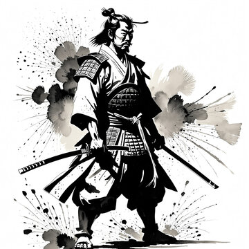 Traditional Japanese sumi-e style illustration of a brave samurai warrior with katana, ink wash painting on white background.