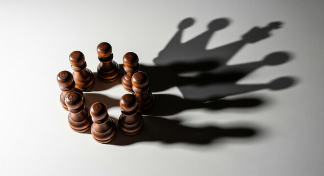 A circle of chess pawns creates the impressive and symbolic shadow of a royal crown