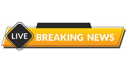 Yellow breaking news live ticker banner with bold glossy broadcast style, urgent TV news headline strip for live streaming, alerts, and media overlays, png transparent background