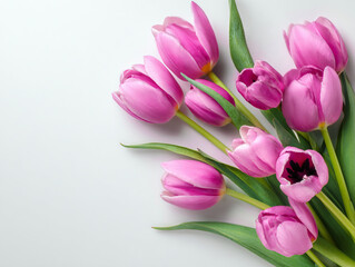 Obraz premium A bouquet of vibrant pink tulips with green leaves on a plain white background