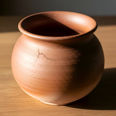 Unglazed Terracotta Pot with Cracked Surface and Natural Texture on Wooden Table