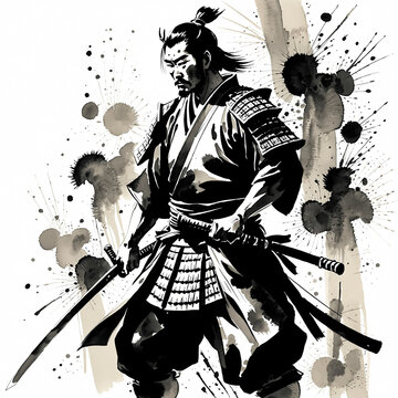 Traditional Japanese sumi-e style illustration of a brave samurai warrior with katana, ink wash painting on white background.