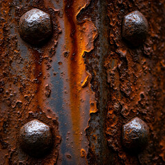 Close-up of heavily rusted metal surface with visible bolts and peeling layers of corrosion