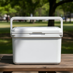 Large White Portable Cooler Box with Handle on Wooden Picnic Table Outdoors in Park