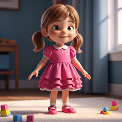 3D cartoon little girl in pink dress standing on carpet with toys