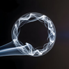 Glowing White Smoke Ring Emerging from Dark Blue Tube on Black Background with Swirling Patterns and Vibrant Light Effects