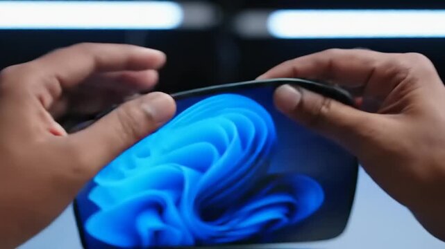Hands demonstrating flexible display technology with folding screen device