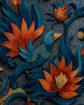 Decorative batik inspired illustration of a stylized bird among flowing floral motifs