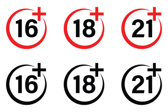 Age restriction sign set. Age limit sign set. 16 plus, 18 plus, 21 plus, icon set. Vector illustration.