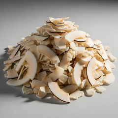 Heap of shredded coconut flakes with brown edges on a neutral surface