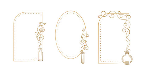 Decorative botanical vertical frames with magic bottles. Vector elegant borders for vintage style designs