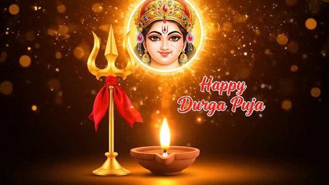 Durga Puja Festival Background Goddess Devi Diya Trident Bokeh