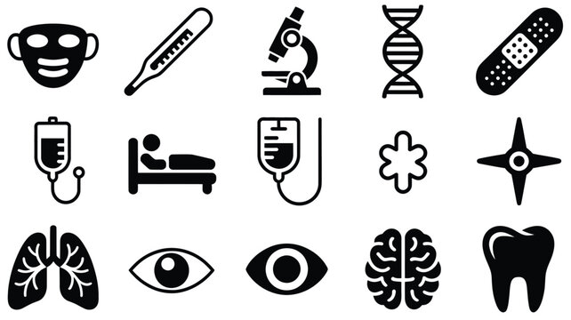 Black and white medical including face mask thermometer microscope dna band aid iv bag hospital bed lungs eye brain tooth