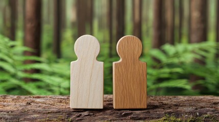 Fototapeta premium Balancing puzzle pieces and full figures in a tranquil forest environment