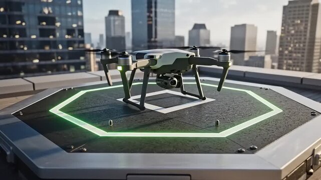 Futuristic drone lands on rooftop helipad in modern cityscape at sunset.