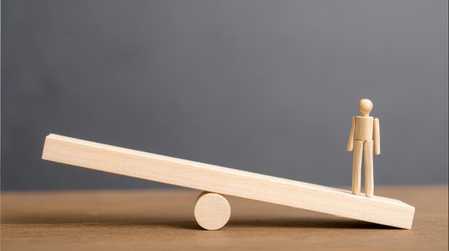 Wooden figure observes sada standard in minimalist space for enhanced balance and perspective