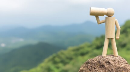 Wooden figure placing vision marker at distant hill aspirational standard outdoor scenic view conceptual perspective