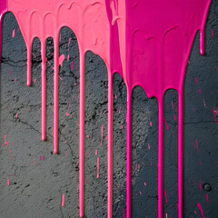 Vibrant Pink Paint Dripping Down Dark Gray Concrete Wall with Cracks and Splatters
