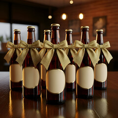 Eight brown glass bottles with gold bows and blank labels on a wooden table in a cozy room
