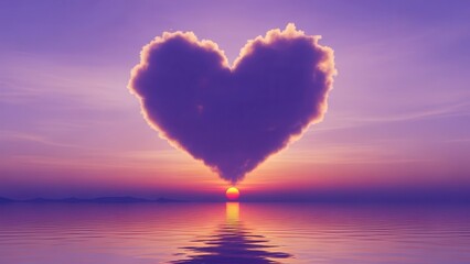 Fototapeta premium Heart-shaped cloud at sunset over calm sea.
