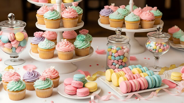 Colorful cupcakes and macarons on white dessert table with jars Ai Generated