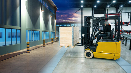 Warehouse logistics, forklift operations. Forklift driver transports wooden crate inside distribution center, handling cargo, pallet movement, and internal warehouse transportation. © Grispb