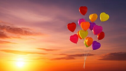 Fototapeta premium Colorful heart-shaped balloons at sunset.