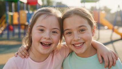 Portrait of happy girl with Down syndrome and her friend smiling at playground. Two children hugging in park. Concept of friendship and inclusion