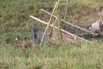 A traditional bamboo and mesh fishing trap is set in a narrow, flowing stream. The structure uses slanted bamboo poles to funnel water and fish into a fine blue net. Sustainable fishing method.