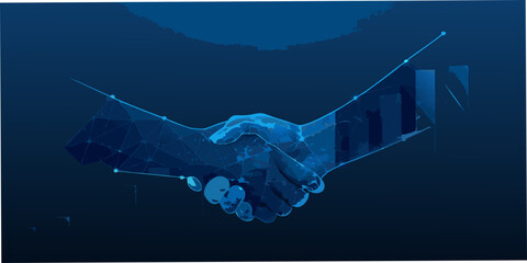 Digital handshake with polygon lines representing connection and corporate agreement