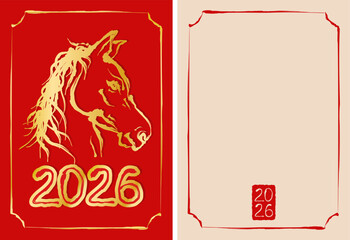 Vector vintage illustration of golden horse head in Asian sumi-e style for Chinese new year 2026. Vector horse head like symbol 2026 year in lunar calendar.