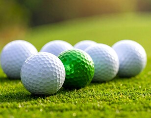 Close-up shot of golf balls on vibrant green grass, one ball colored in bright green. Sunny outdoor setting