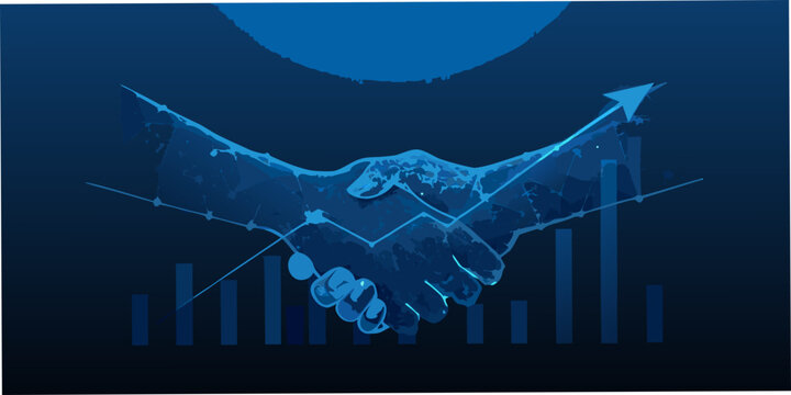 A digital handshake over a financial chart symbolizes partnership and growth