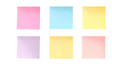 Fototapeta premium Six colorful square sticky notes, arranged in two rows, on a stark black background