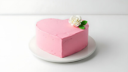 Pink heart shaped cake with white rose on top sweet dessert Ai Generated