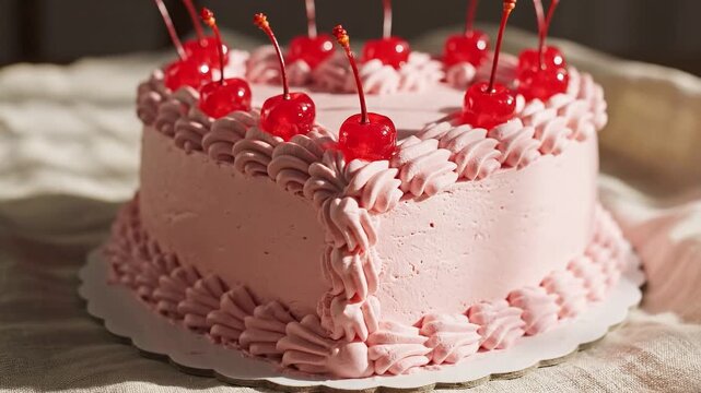 Pink heart-shaped cake decorated with glossy maraschino cherries and piped frosting against a soft background for a romantic celebration concept and sweet indulgence