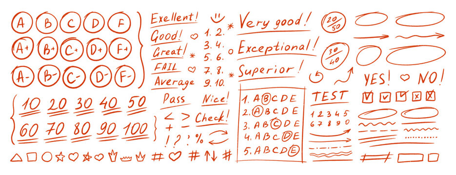 School exam grading symbols with red marker checks, numbers, hand-drawn circles showing test scores and teacher marks for student assessment. Doodle icons corrections in hand drawn vector illustration
