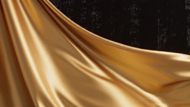 Golden satin fabric curtain waving on black textured background. Elegant gold and black contrast.