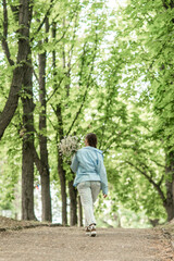 Flowers Woman Walking Park: Woman walks with flowers on a path lined with trees in a park, sunny day.