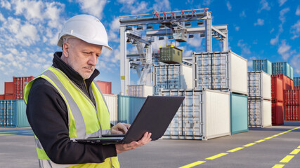 Container terminal management, port engineer checks cargo data on laptop, supervises shipping...