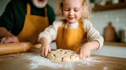 A joyful child eagerly participating in baking cookies alongside a grandfather figure, showcasing the warmth of family bonds and cherished moments in a homely kitchen environment.