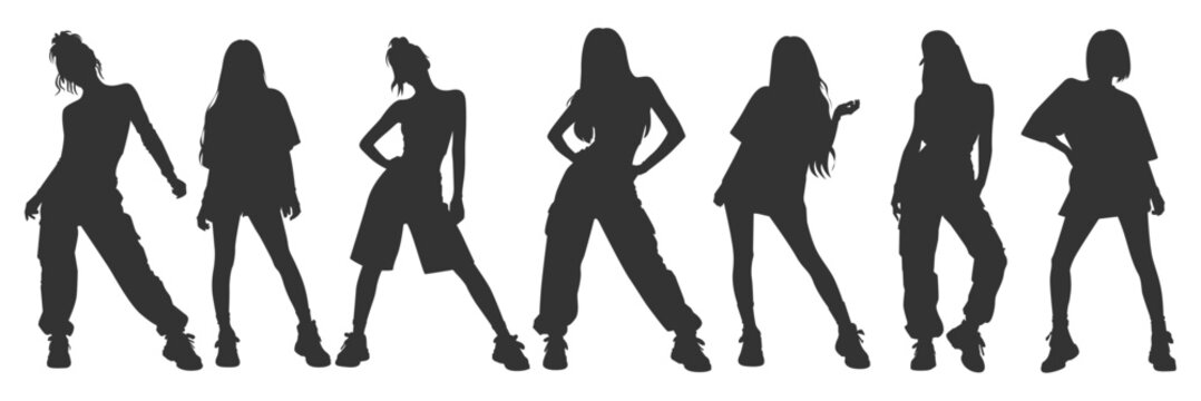 Set vector illustrations silhouettes kpop idol singing and dancing on stage. Bundle monochrome design kpop music star. Female dancer, rapper, singer with various style, pose, gesture and choreography.